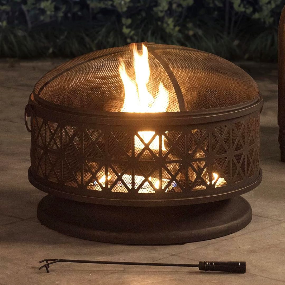 Foyer d'extérieur rond en acier noir de 76,2 cm avec pare-étincelles et tisonnier